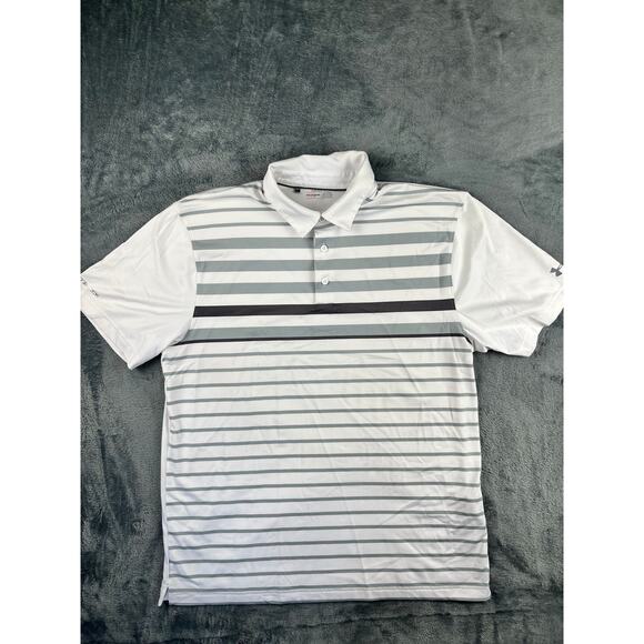 Under Armour Men’s Large White Gray Striped HeatGear Polo Excellent - Picture 1 of 13